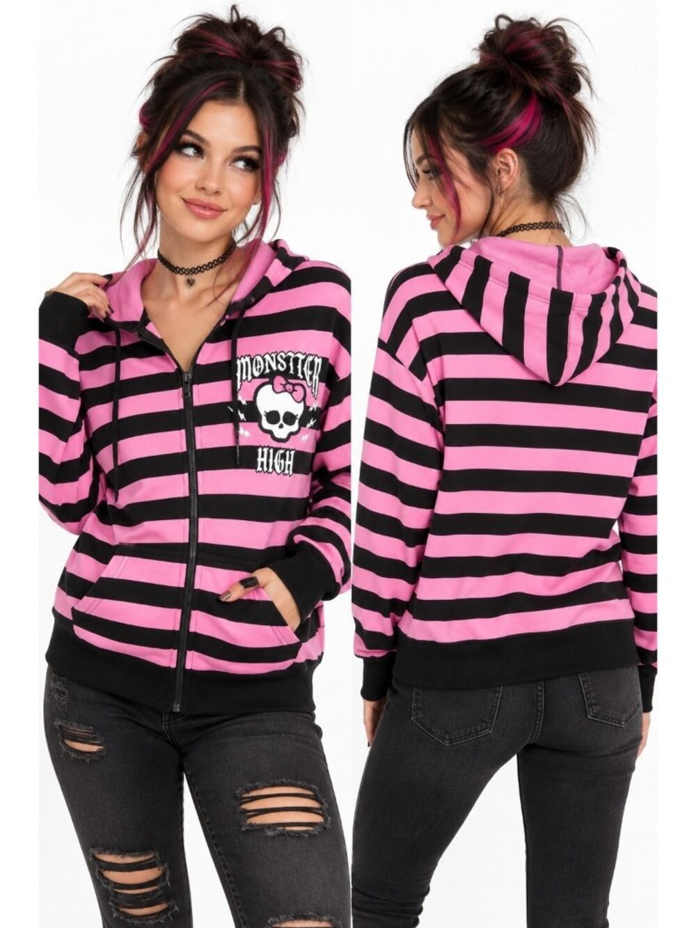 Monster High Hoodie Womens Medium Pink Black Striped Skull Zip Up Jacket NWT